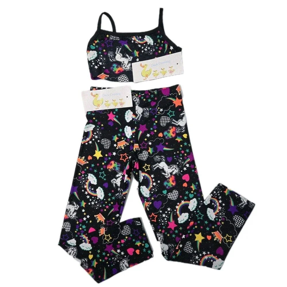 Duck Crossing VTG 90s Girls Neon Unicorn Party Dance Legging & Top Set Size L